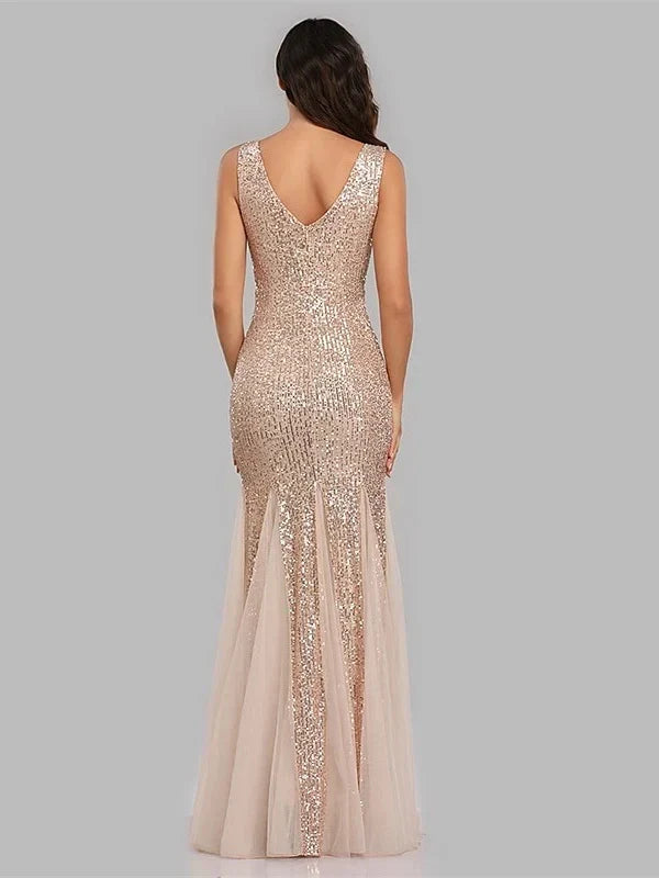 Classic fit Slim-fit Wrap The Buttocks Sequin V-Neck Tulle Sleeveless Evening Dress