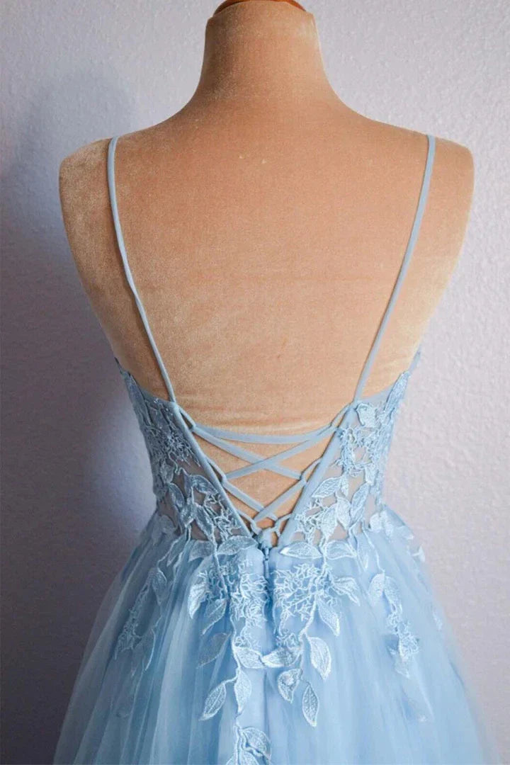 Classic fit Top-quality fabric Plunge V Spaghetti Strap Lace-Up Back Tulle Applique Prom Dresses