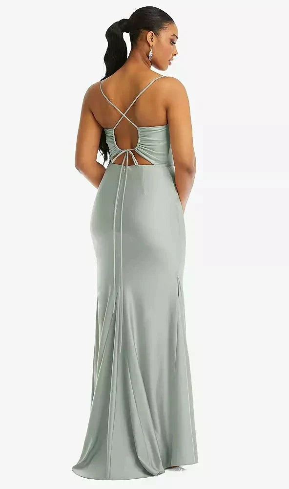 Cowl-Neck Open Tie-Back Stretch Satin Mermaid Dress with Slight Train in Willow Green