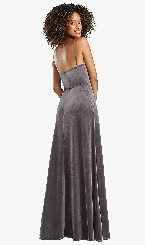 Cowl-Neck Velvet Maxi Dress with Pockets in Caviar Gray