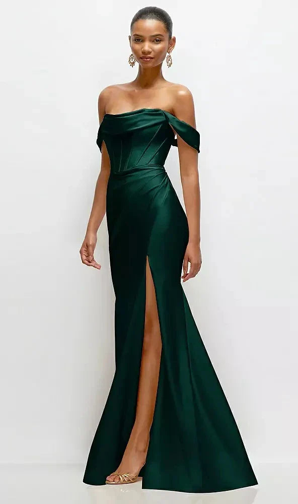 Cowl Neck Off-the-Shoulder Stretch Satin Fit and Flare Corset Maxi Dress in Evergreen
