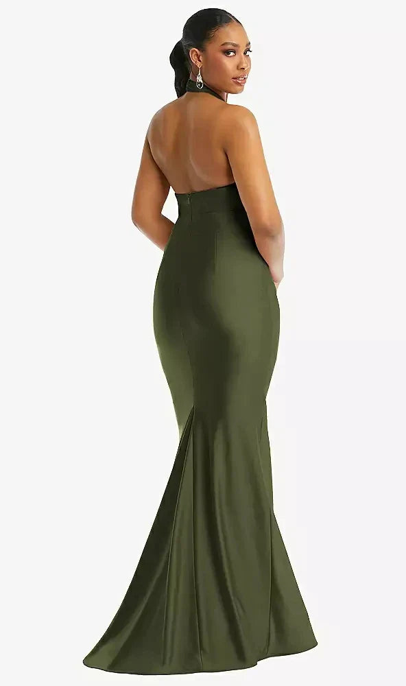 Criss Cross Halter Open-Back Stretch Satin Mermaid Dress in Olive Green
