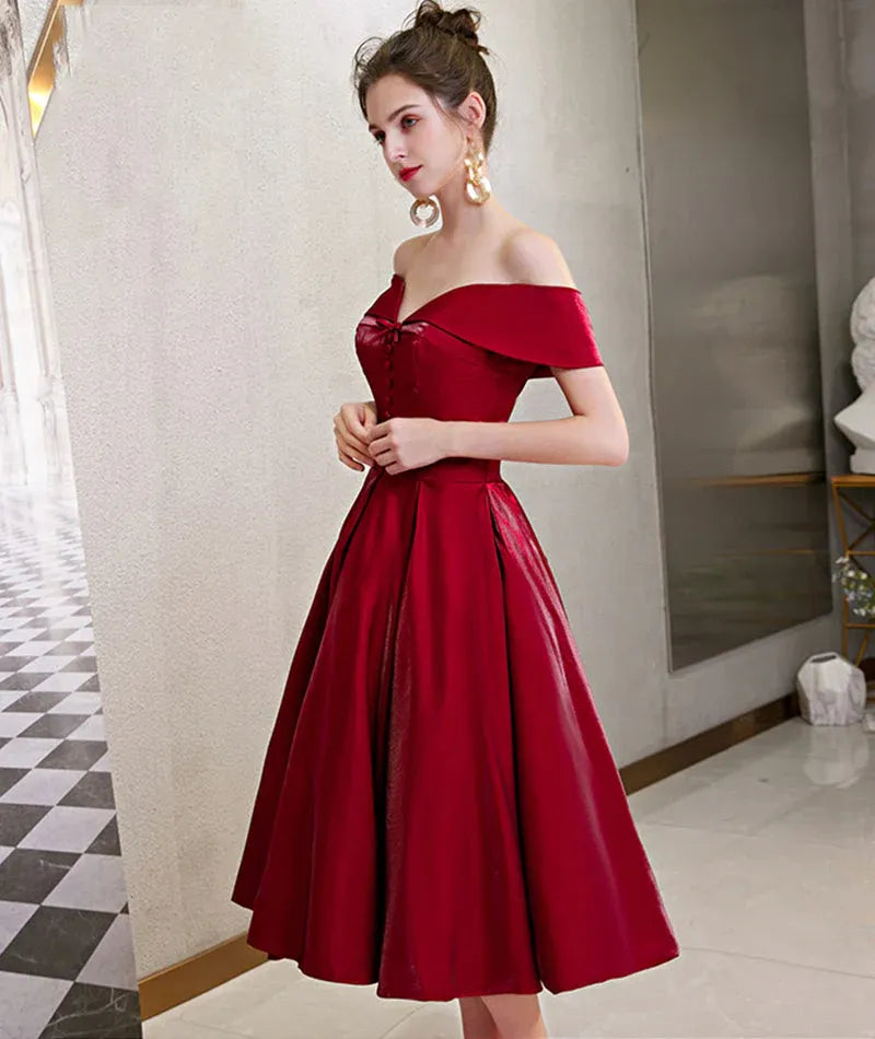Cute A-Line Off the Shoulder Sleeveless Satin Pleated Knee-Length Prom Dress