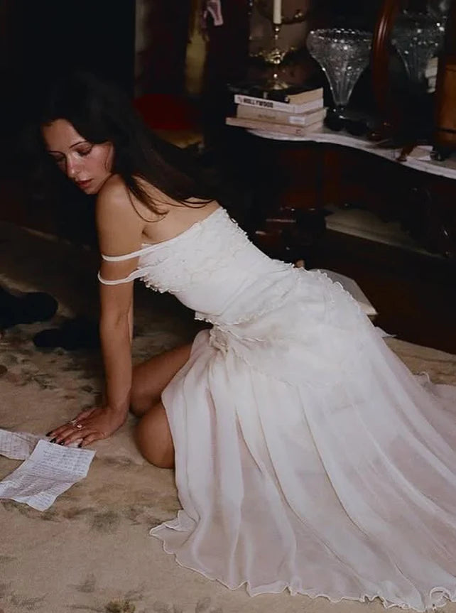 Cute A Line Off the Shoulder Sleeveless Chiffon Tea-Length Prom Dress