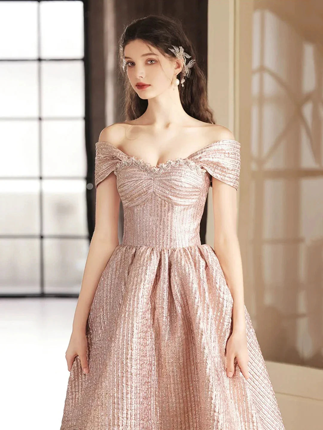 Cute Satin Tea Length Prom Dress Off the Shoulder Pink A-Line Party Dress