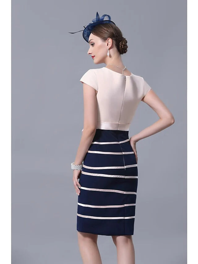 Mother of the Bride Dress Elegant Jewel Neck Knee Length Satin 3/4 Length Sleeve with Sash Ribbon Bow(s)