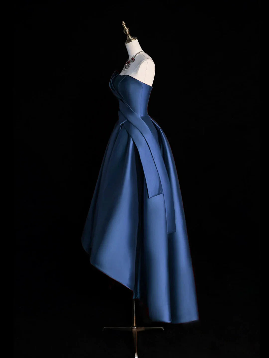 Dark Blue Satin Hight Low Prom Dress Lovely A-Line Strapless Party Dress