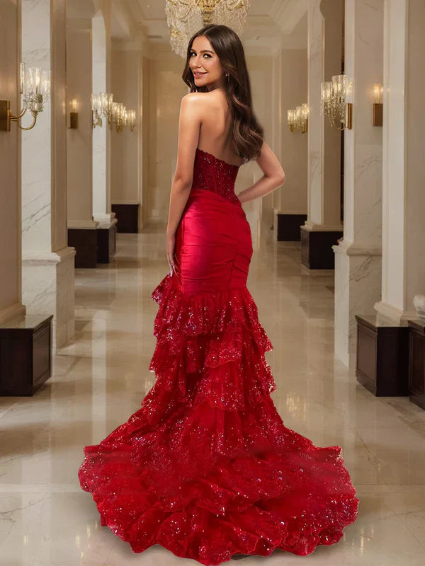 Dazzling Mermaid Strapless Open-Back Sequin-Ruffled Red Satin Train-Floor-Length Prom Dresses