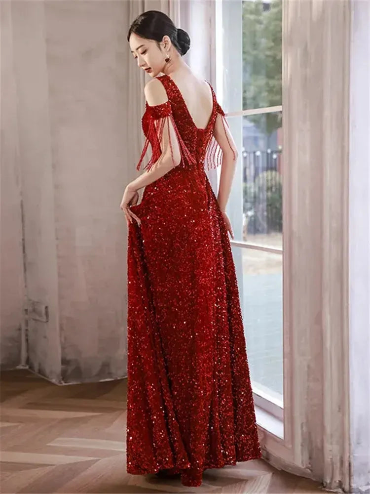 Dazzling Sequin Maxi Evening Dress Red Cold-Shoulder Fringe Sleeves for Women