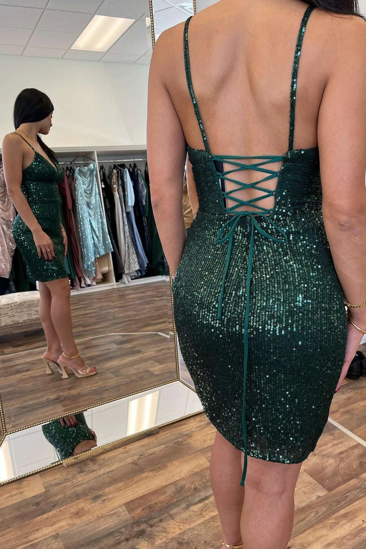 Dazzling A-Line Plunge V-Neck Lace Up Sequin Emerald Green Mini Homecoming Dress