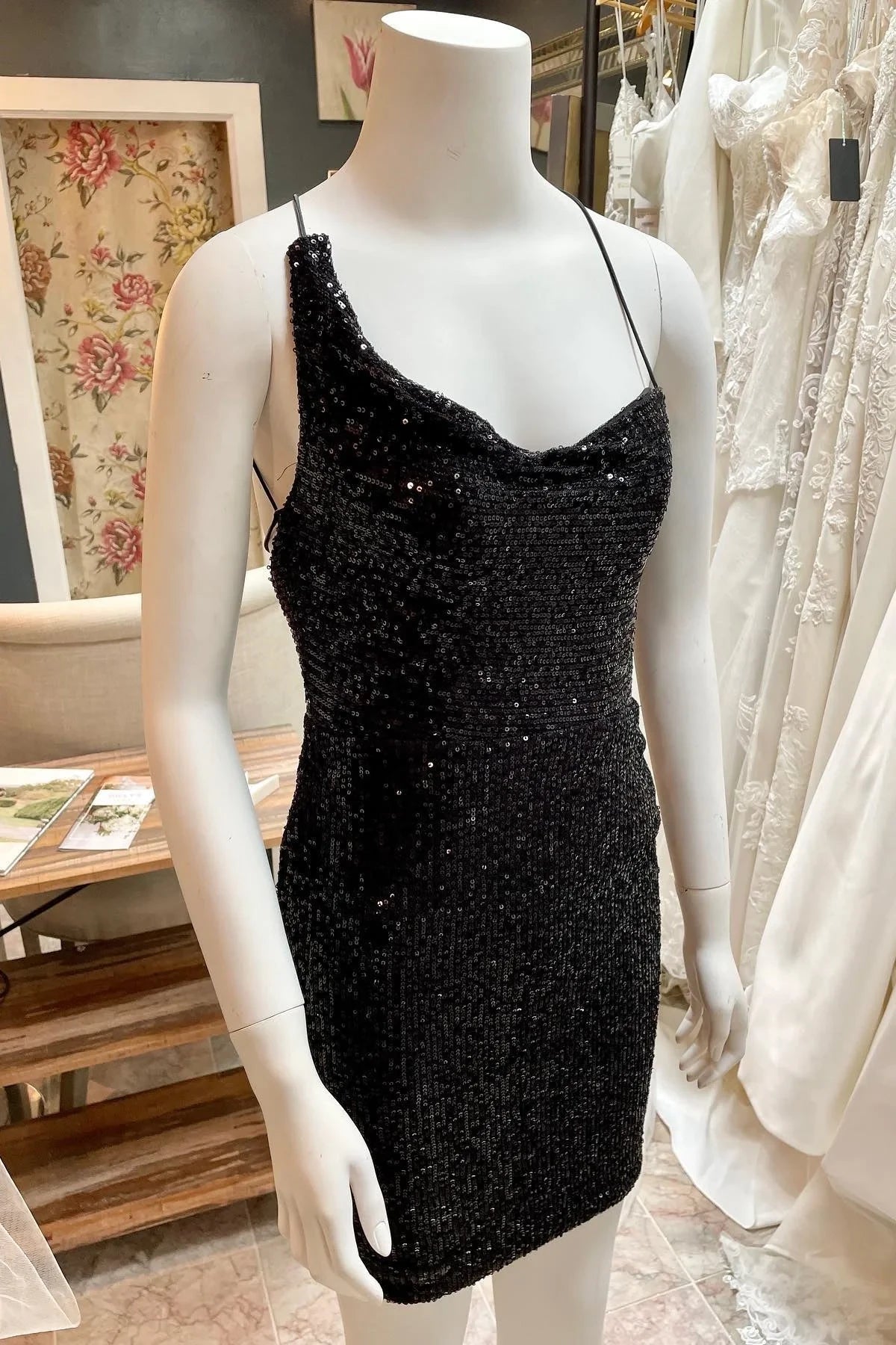 Dazzling Bodycon Cowl Neck Asymmetrical Backless Sequin Black Mini Homecoming Dress