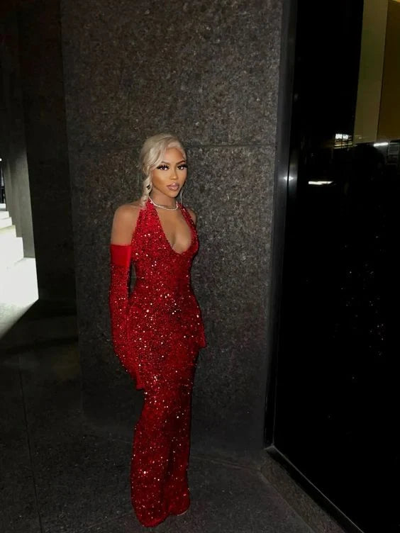 Dazzling Mermaid Halter Sleeveless Sequin Glitter Red Floor-Length Evening Dresses Women's Gown