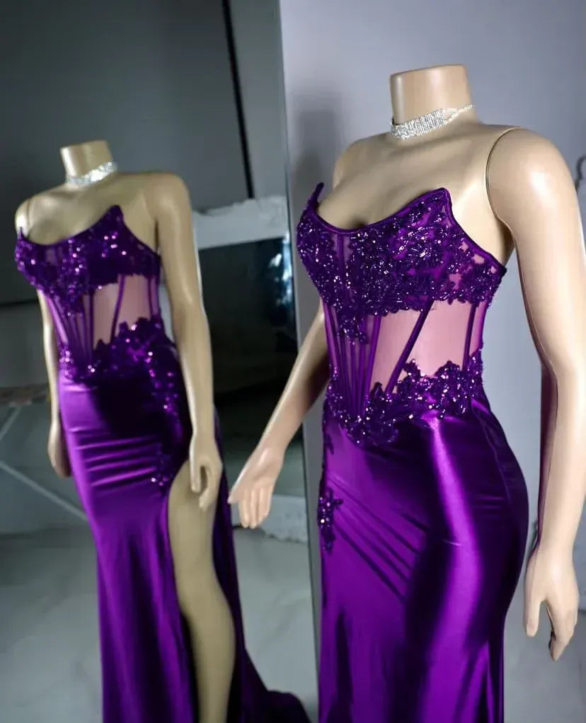 Deep Purple Sheer Corset Lace Sequin High Slit Mermaid Formal Evening Gown