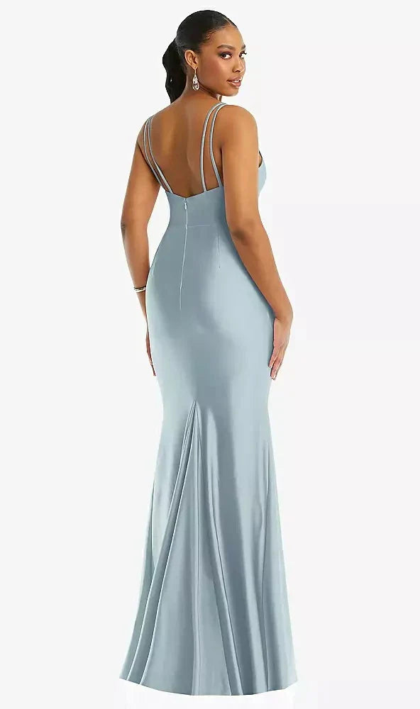 Deep V-Neck Stretch Satin Mermaid Dress with Slight Train in Mist