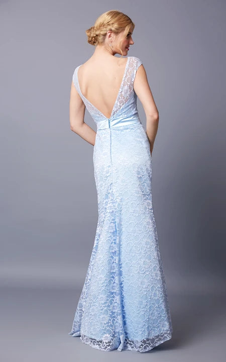 Demure Cap Sleeve Bateau Neck Long Lace Dress With Sash Deep-V Back Prom Dress/Dress For Formal