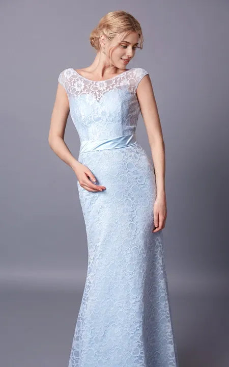 Demure Cap Sleeve Bateau Neck Long Lace Dress With Sash Deep-V Back Prom Dress/Dress For Formal