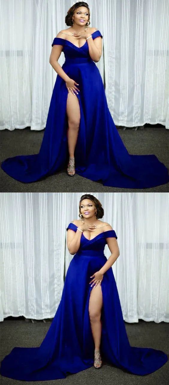 Discount A-Line Off Shoulder Sleeveless Satin Sweep Train Plus Size Prom Dress
