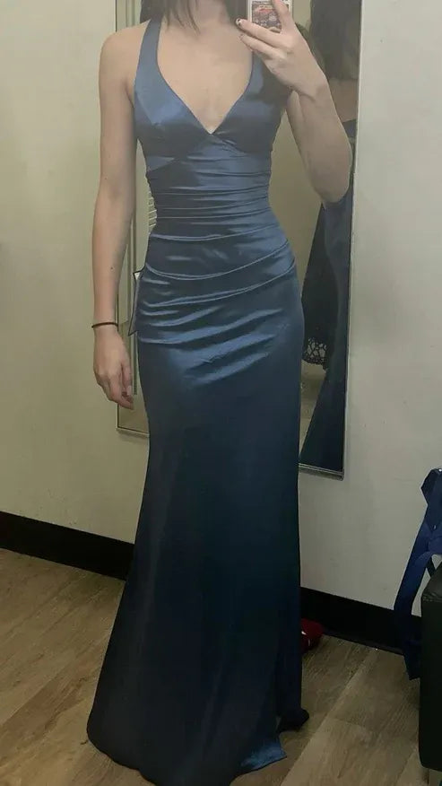 Discount V Neck Sleeveless Mermaid Pleated Satin Long Prom Dress