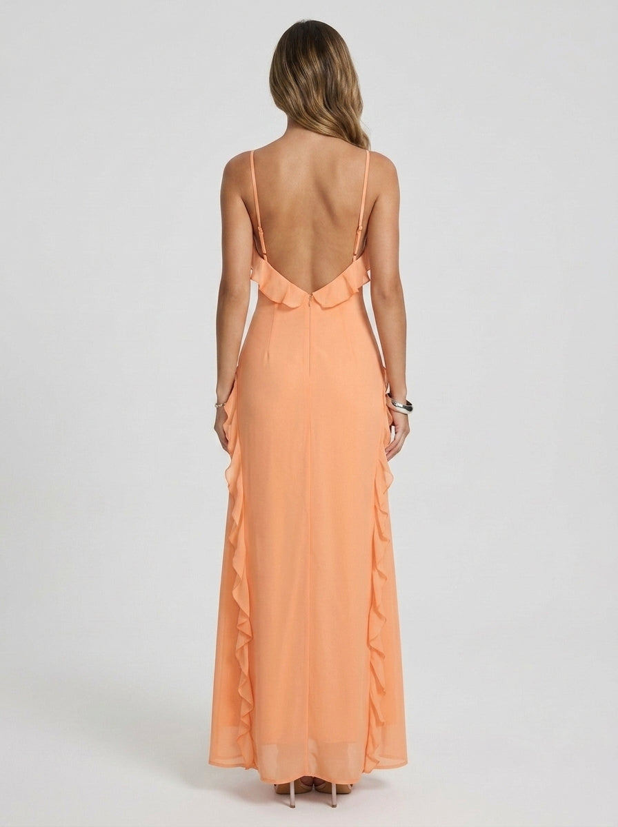 Discount Sheath V-Neck Spaghetti Straps Ruffled Backless Peach Floor-Length Prom Dress