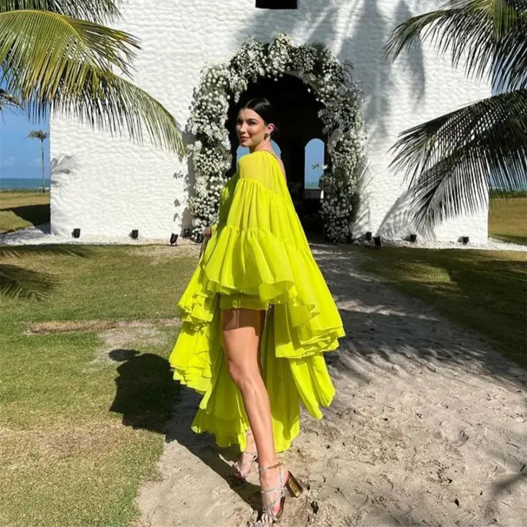 Dramatic High-Low One-Shoulder Ruffled Chiffon Neon Yellow Evening Dress for Women