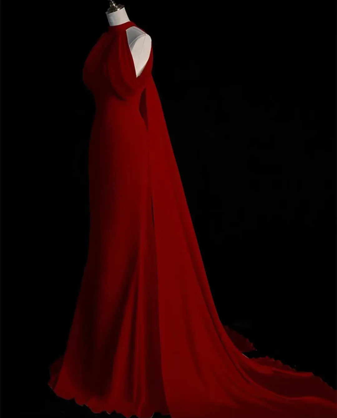 Dramatic Mermaid Halter Neck Red Floor-Length Prom Dress With Cape