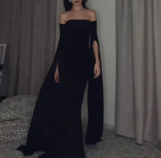 Dramatic Mermaid Off-Shoulder Draped-Sleeve Black Maxi Evening Dress for Women