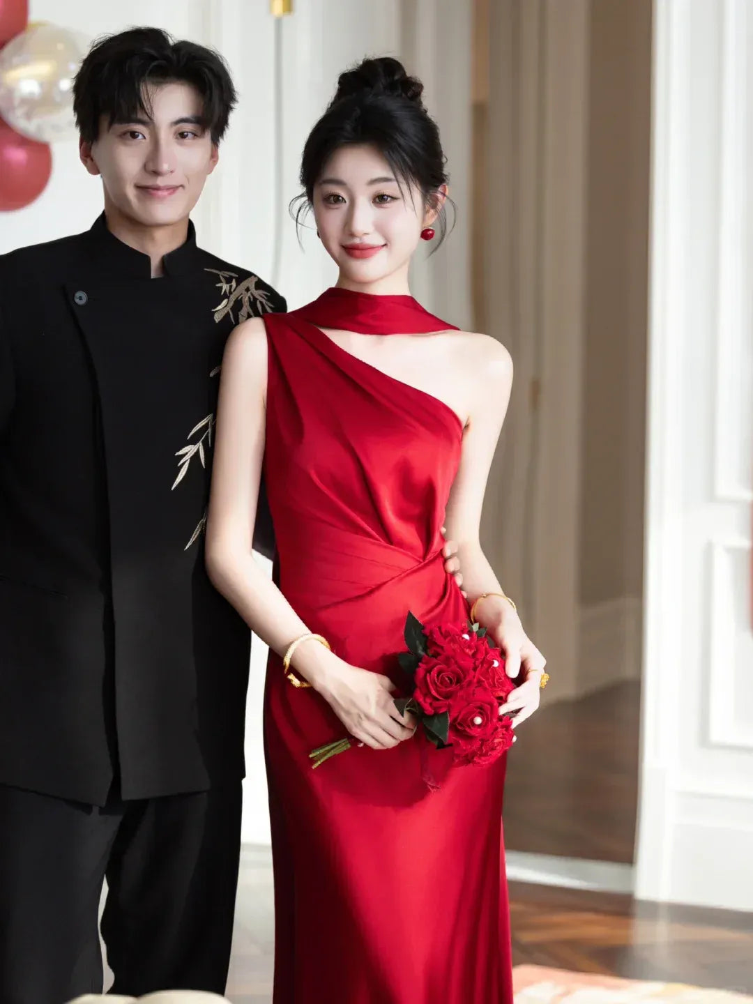 Dramatic Mermaid One-Shoulder Sleeveless Draped Red Maxi Prom Dress for Women Ready to Ship