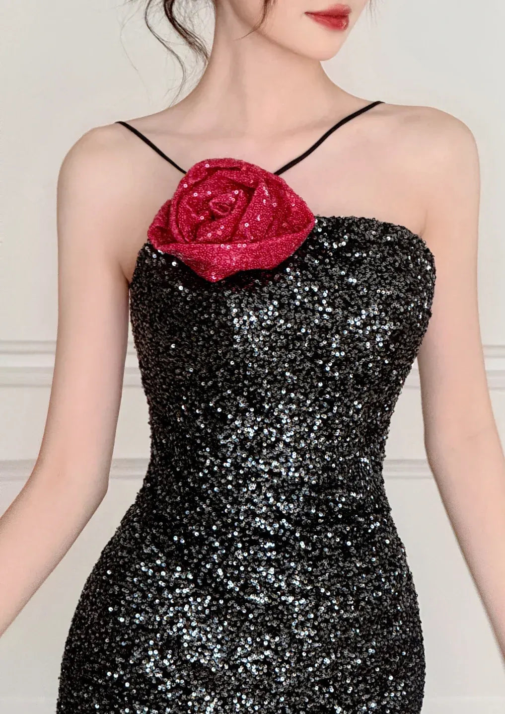 Dramatic Mermaid One-Shoulder Sleeveless Floral-Accented Black-Sequin Maxi Prom Dress for Women hot sale