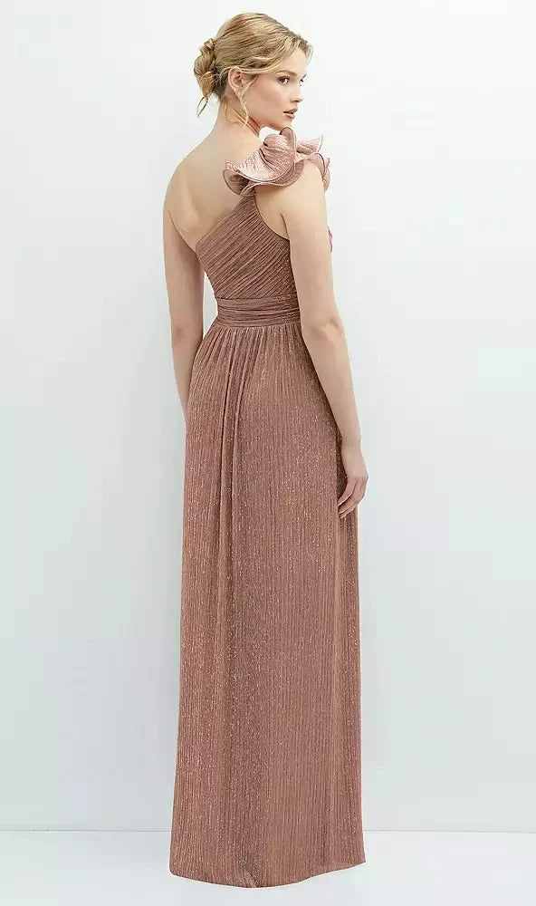 Dramatic Ruffle Edge One-Shoulder Metallic Pleated Maxi Dress in Metallic Sienna