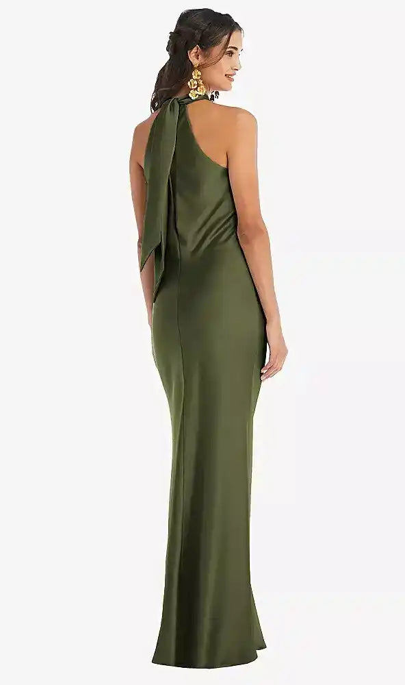Draped Twist Halter Tie-Back Trumpet Gown in Olive Green