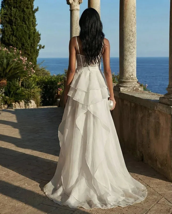 Dreamy A-Line Spaghetti-Strap Sweetheart Long Sleeve Backless High-Low Wedding Dress