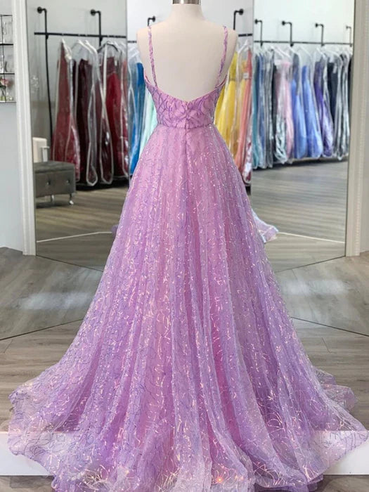 Dreamy A-Line Deep V Spaghetti Strap Glitter Lavender Prom Dress