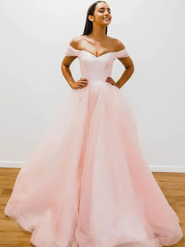 Elegant A-Line Off-Shoulder Sweetheart Tulle Blush Pink Floor-Length Prom Dress for Women