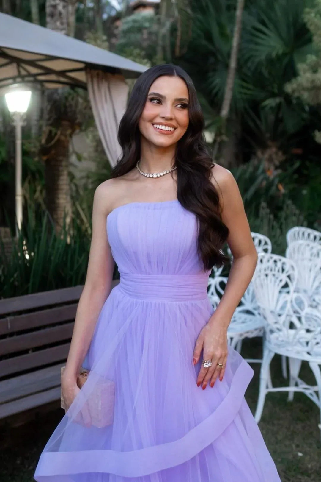 Dreamy A-line Strapless Bow Tulle Lavender Maxi Prom Dress For Sale