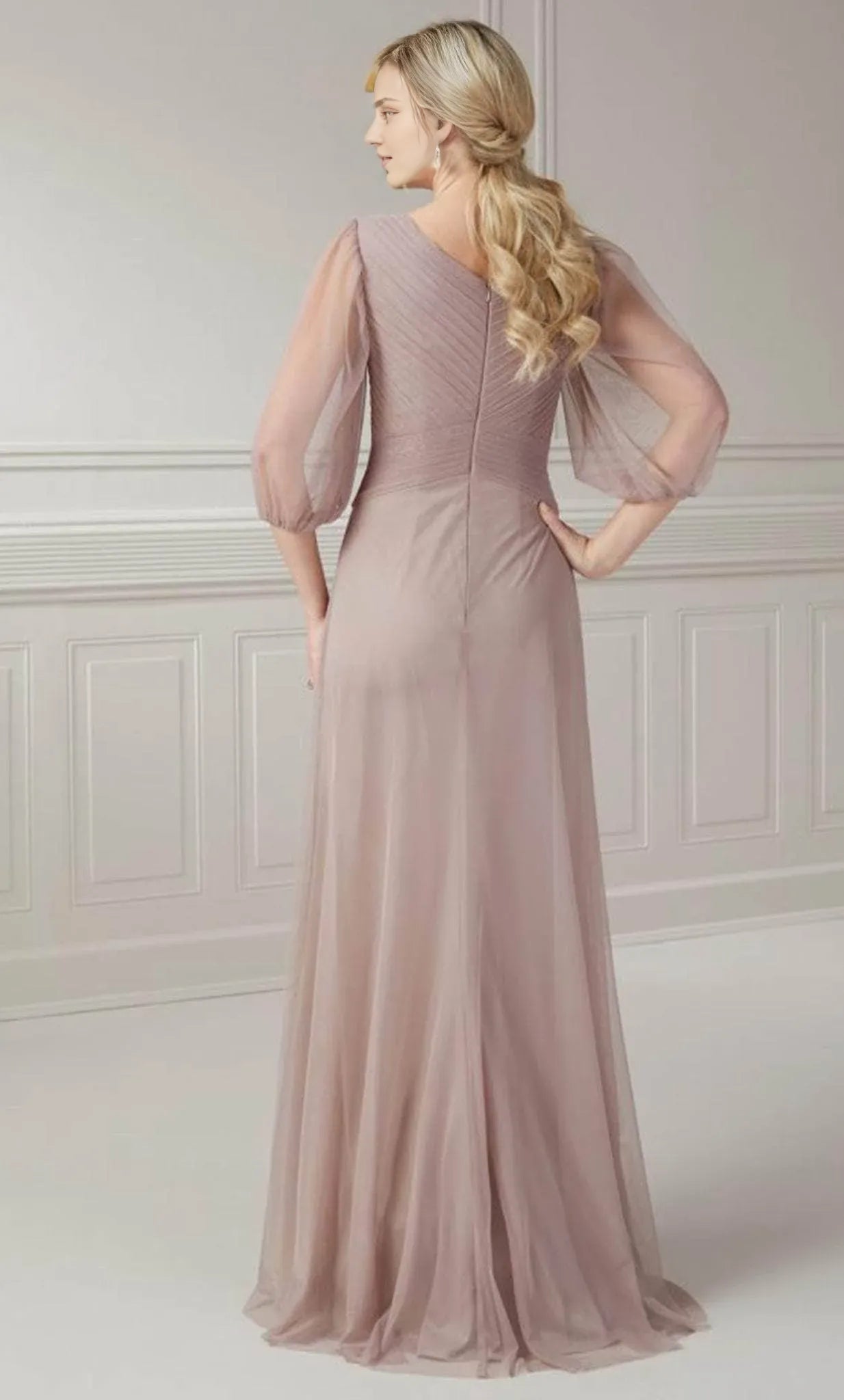 Dressesgowns Evening Dresses/ Pleated Deep V-Neck Puff Quarter Sleeve With Sweep Train Prom Evening Gown/ Prom Dresses Stores