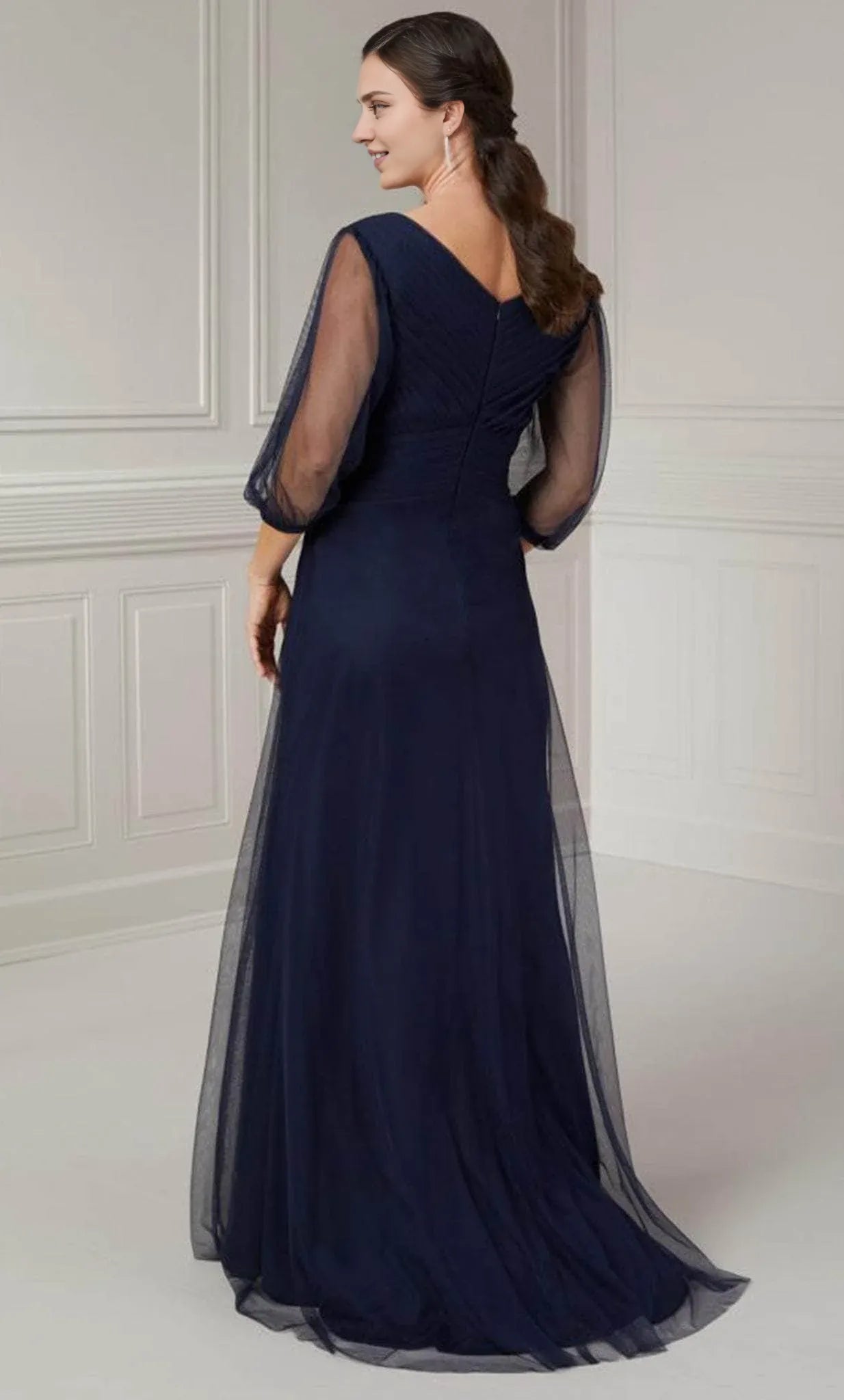 Dressesgowns Evening Dresses/ Pleated Deep V-Neck Puff Quarter Sleeve With Sweep Train Prom Evening Gown/ Prom Dresses Stores