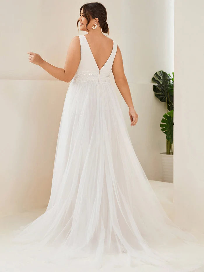 Ivory Plus Size Empire Waist Sleeveless Lace Sheer A-Line Tulle Wedding Dress