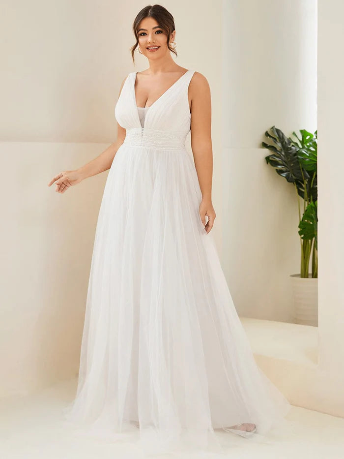Ivory Plus Size Empire Waist Sleeveless Lace Sheer A-Line Tulle Wedding Dress