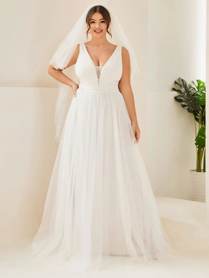Ivory Plus Size Empire Waist Sleeveless Lace Sheer A-Line Tulle Wedding Dress
