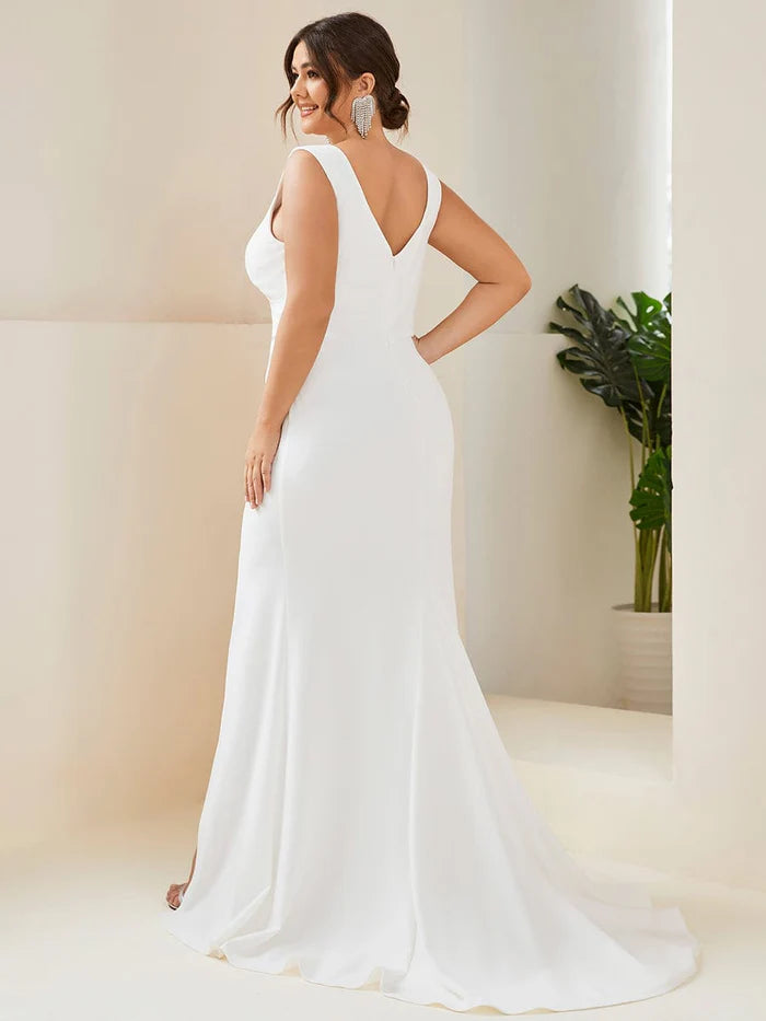 White Plus Size Deep V-Neck Sleeveless High Slid Simple Wedding Dress With Slit