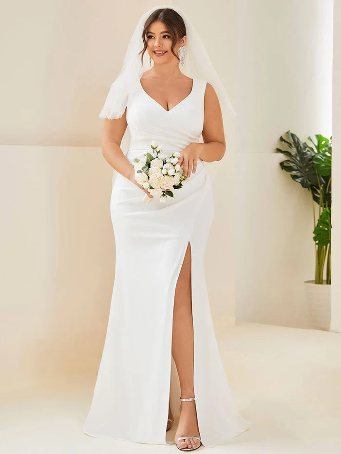 White Plus Size Deep V-Neck Sleeveless High Slid Simple Wedding Dress With Slit