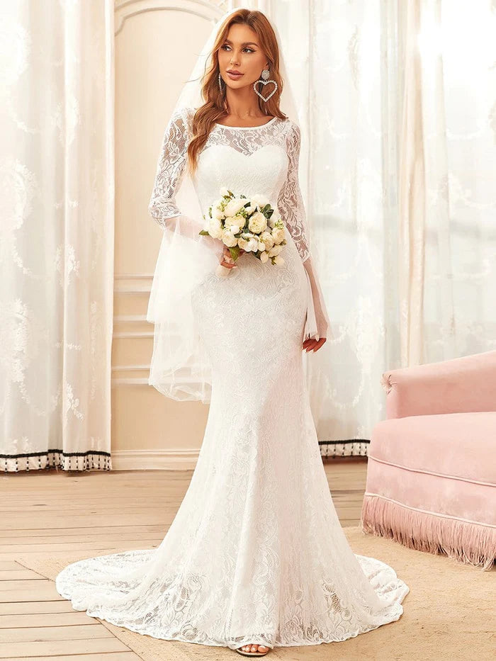 Sweetheart Long Bell Sleeve Mermaid Wedding Dress Sweep/Brush Train Dresses