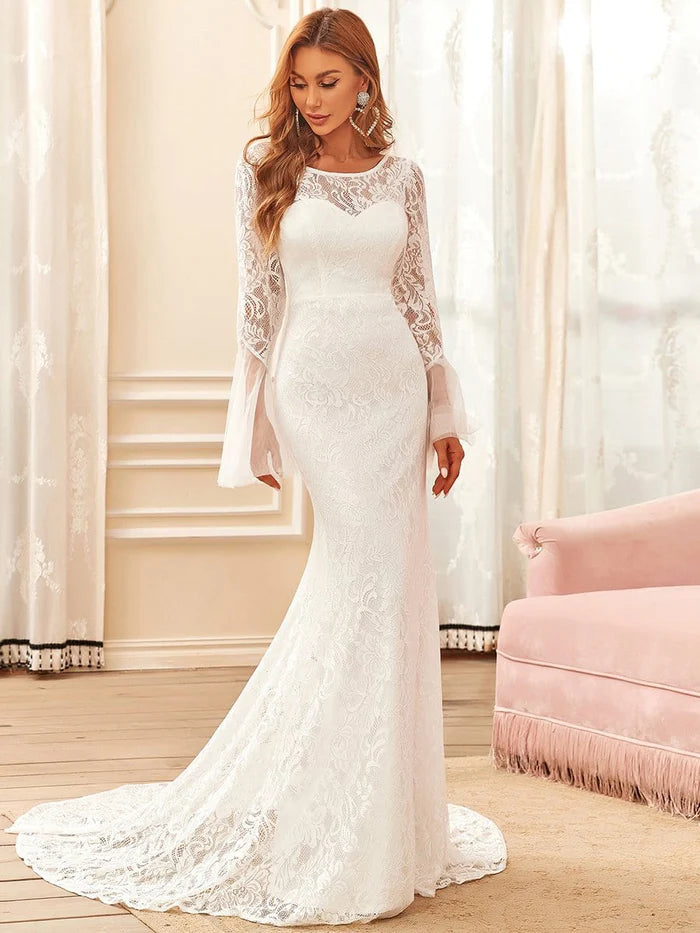 Sweetheart Long Bell Sleeve Mermaid Wedding Dress Sweep/Brush Train Dresses