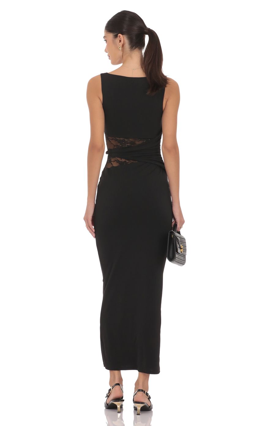 Edgy Bodycon Crew-Neck Sleeveless Lace-Cut-Out Open-Back Black Jersey Floor-Length Prom Dresses