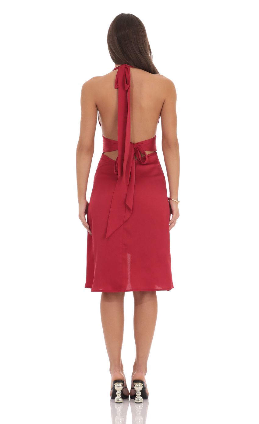 Edgy Sheath Halter-Neck Sleeveless Cut-Out-Back Crimson Satin Midi-Length Prom Dresses