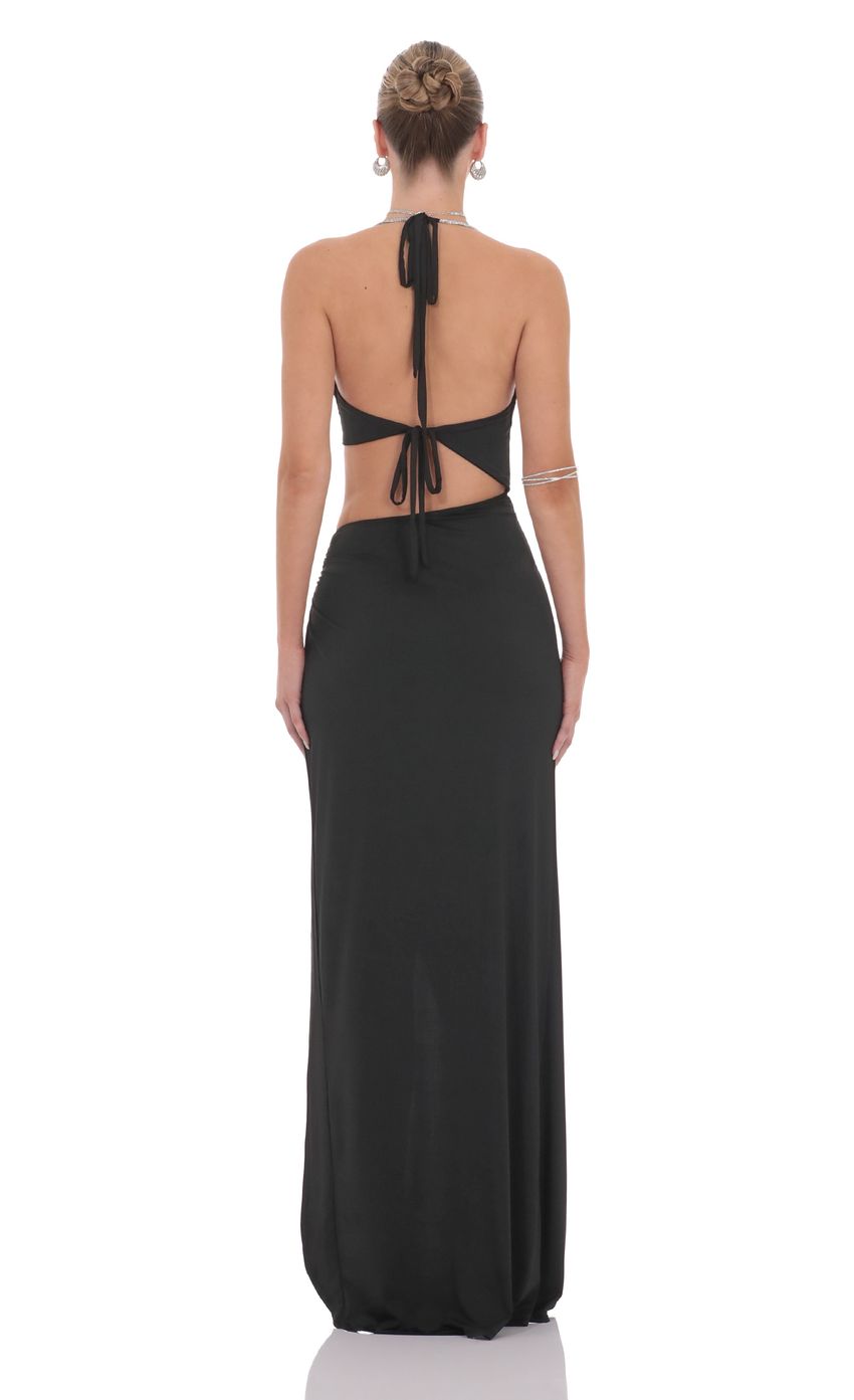 Edgy Two-Piece Sheath Halter-Neck Sleeveless Cut-Out-Back Black Jersey Floor-Length Prom Dresses