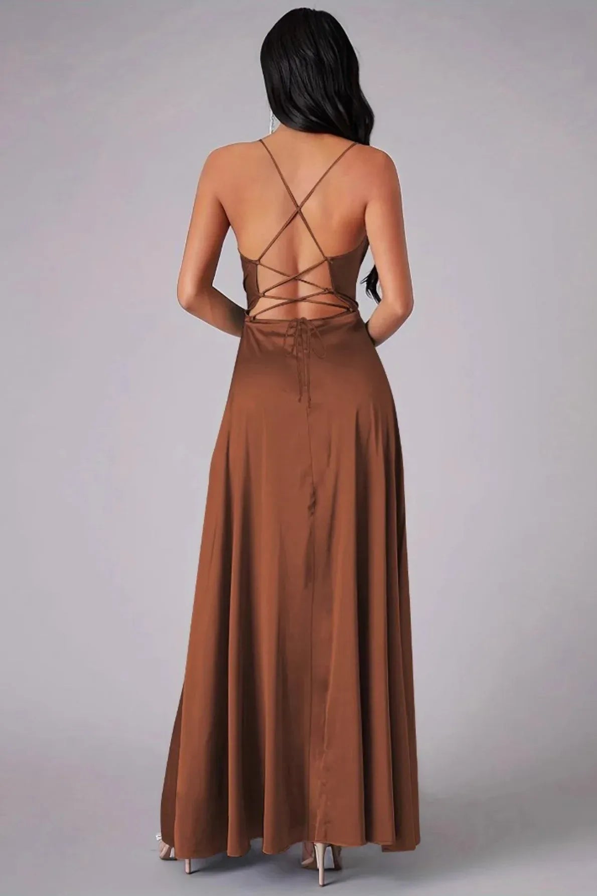 Effortless A-Line Cowl-Neck Lace-Up Brown Floor-Length Prom Dress With High Slit
