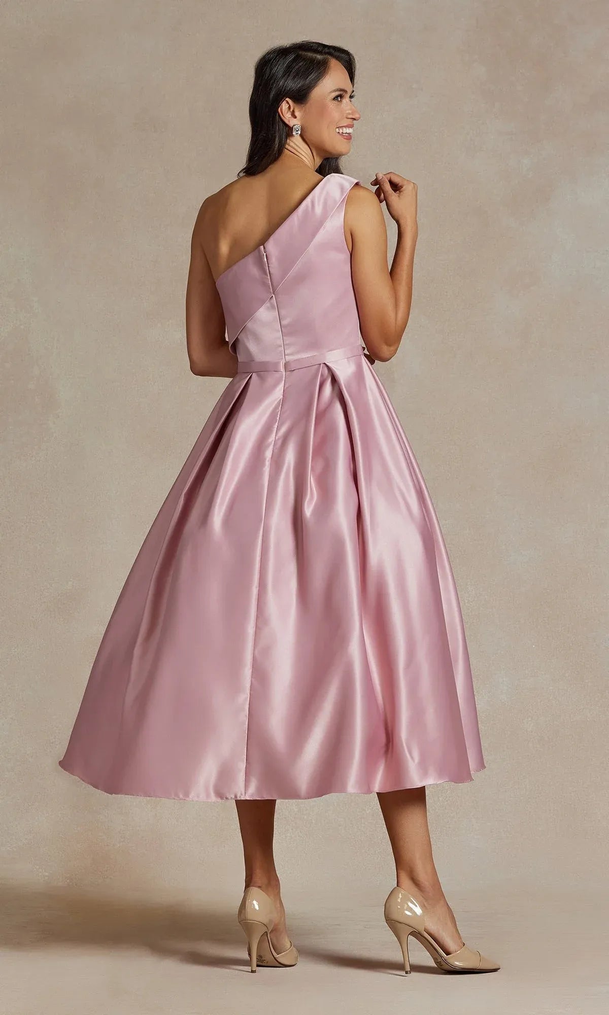 Elegant A-Line Asymmetrical Neck Satin Midi Dress With Pockets