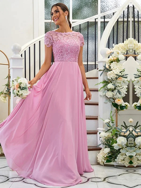 Side view of the elegant A-Line Chiffon Lace bridesmaid gown.