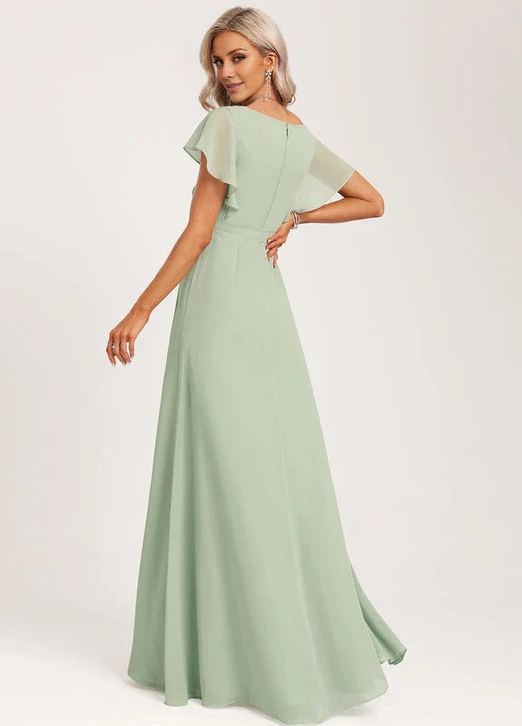 Elegant A-Line Deep V-Neck Flutter Sleeve Belted High-Slit Chiffon Maxi Evening Dress